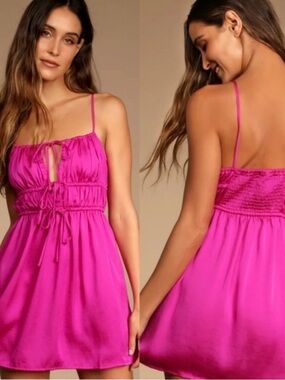 Free People Hot Pink Tie-Front Satin Spaghetti-Strap Mini Dress